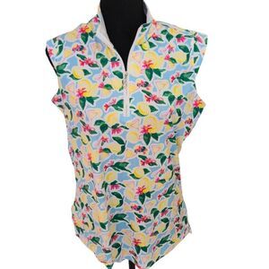 SanSoleil Womens Lemon Floral Print SolCool 1/4 Zip Golf Top Multicolor Large